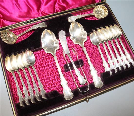 Silver spoon set, cased, one missing